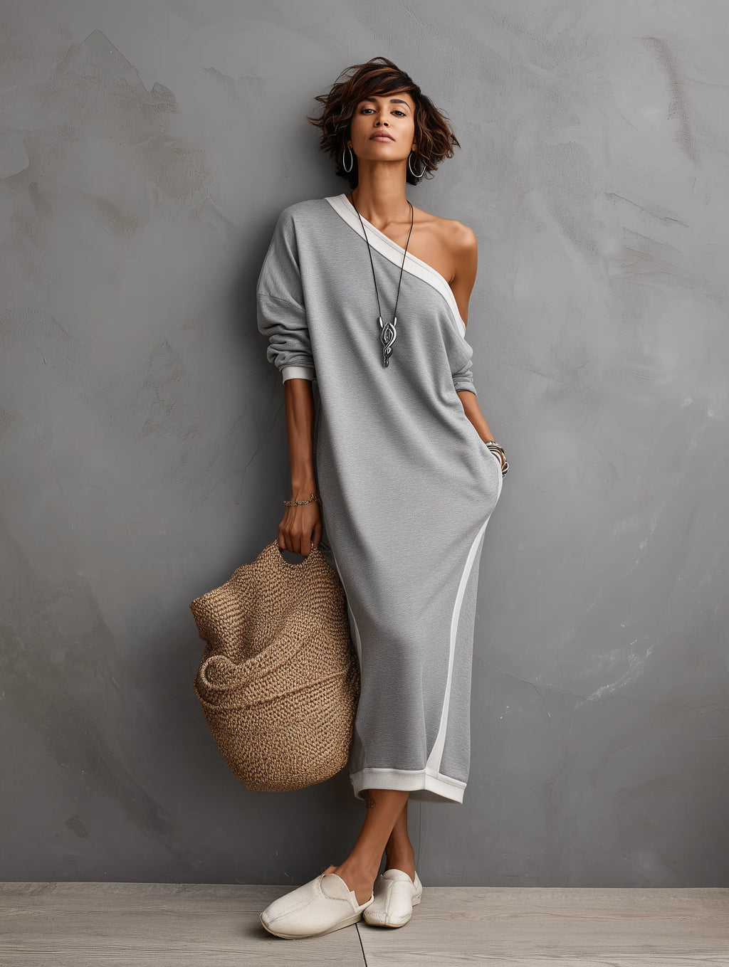 Women's Casual Minimalist Off-Shoulder Long-Sleeve Maxi Sweatshirt Dress With White Trim MDZ0937G8WY
