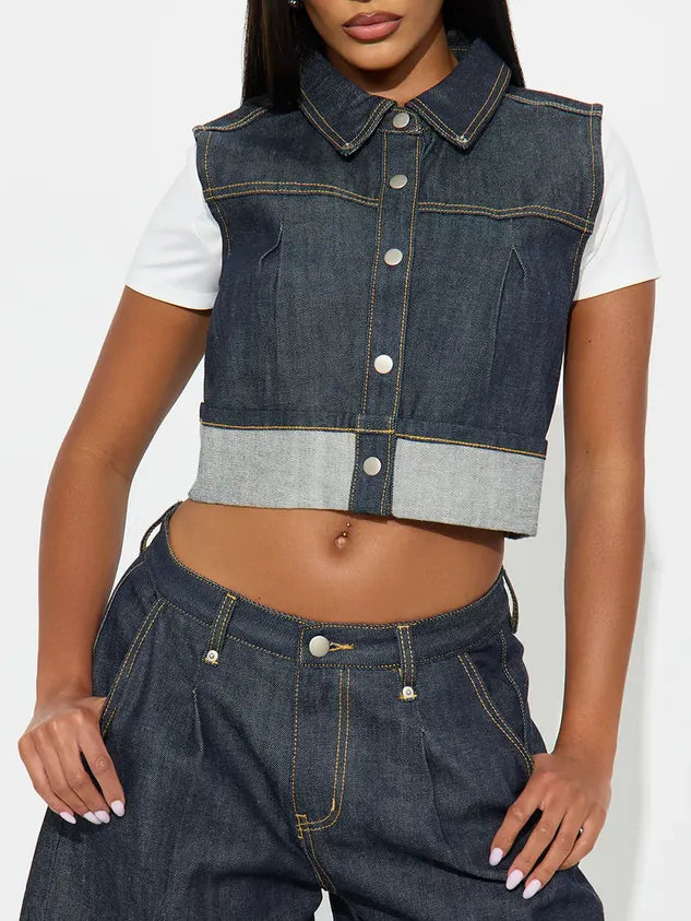 Casual Plain Shawl Collar Soft Tencel Denim Vest