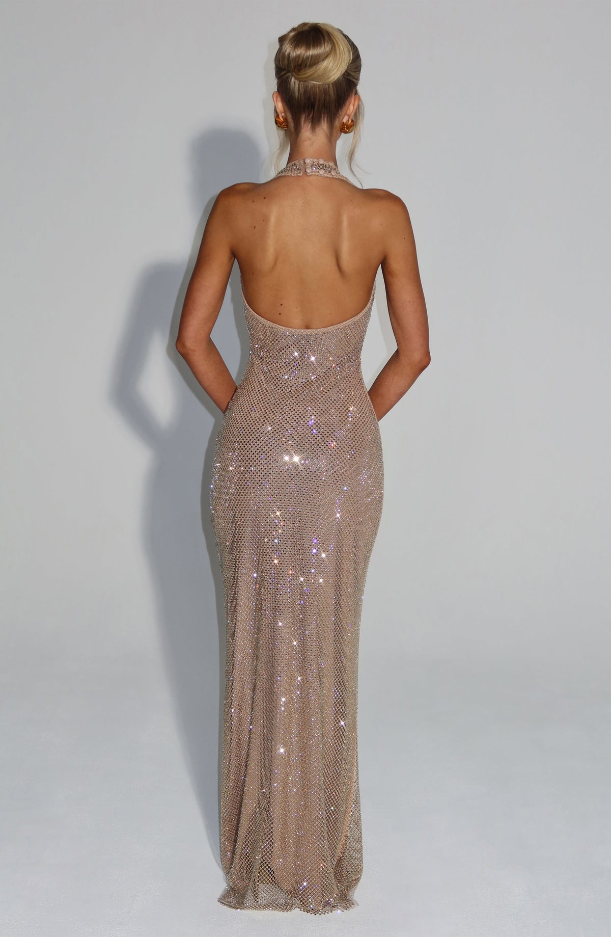 Champagne Rhinestone Halter Neck Backless Mermaid Maxi Dress