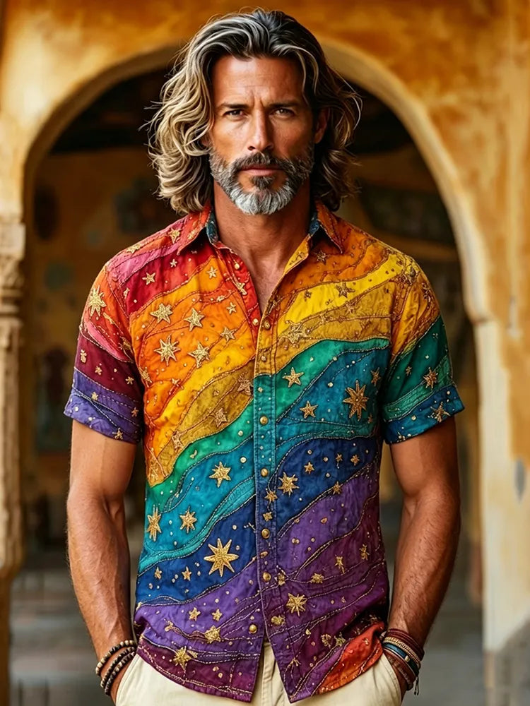 Men's Hippie Star Streaming Rainbow Design Printed Shirt