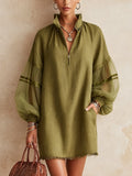 Olive Green Mini Dress With Sheer Puff Sleeves And Frayed Hem