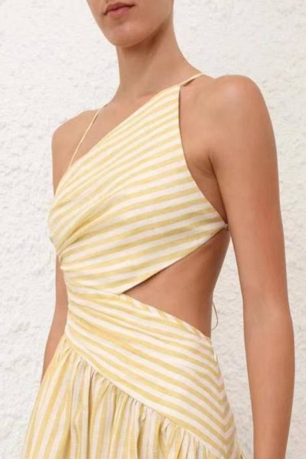 One-Shoulder Halter Stripe Cutout Flare Midi Dress