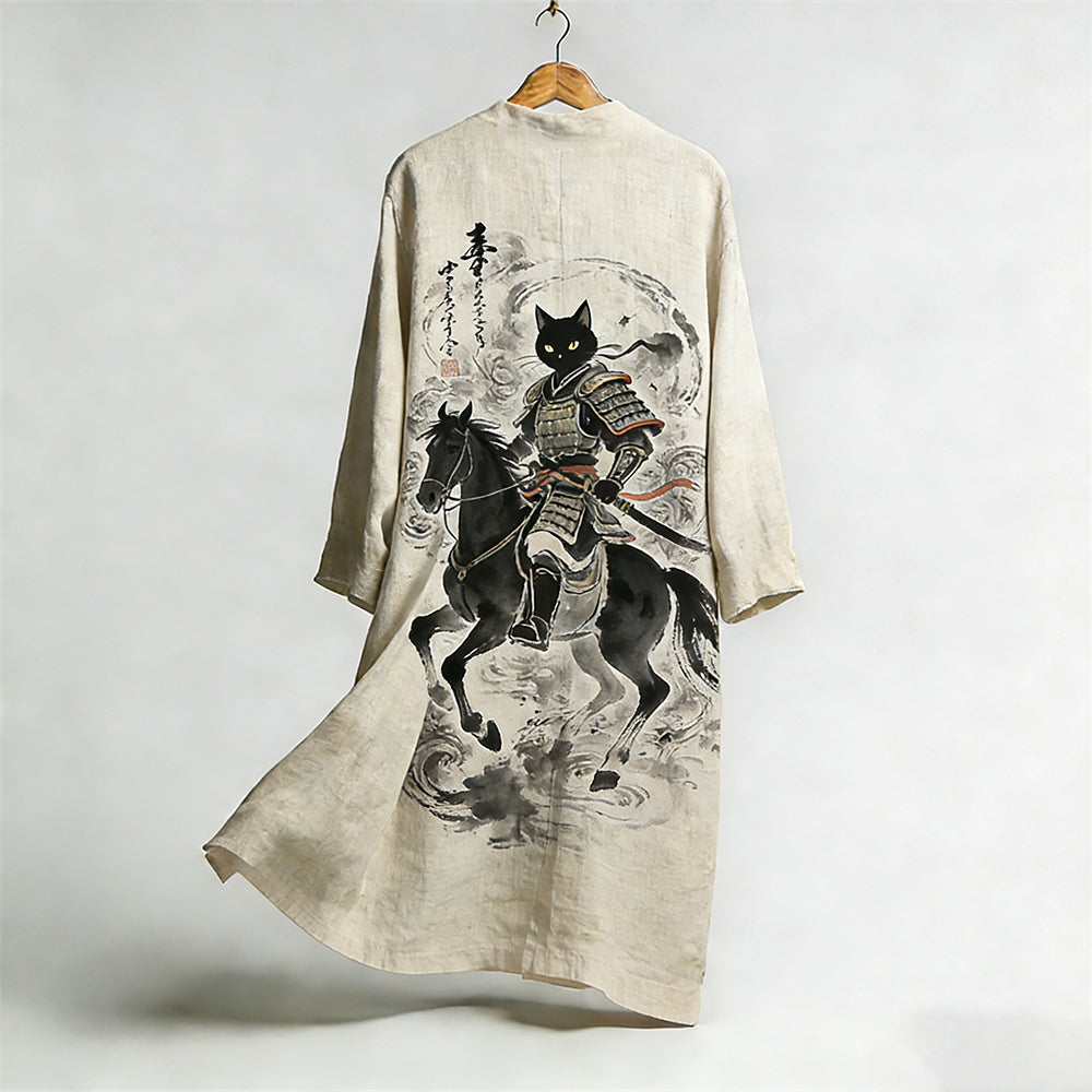 Battle Horse And Black Cat Fun Linen Flowing Kimono