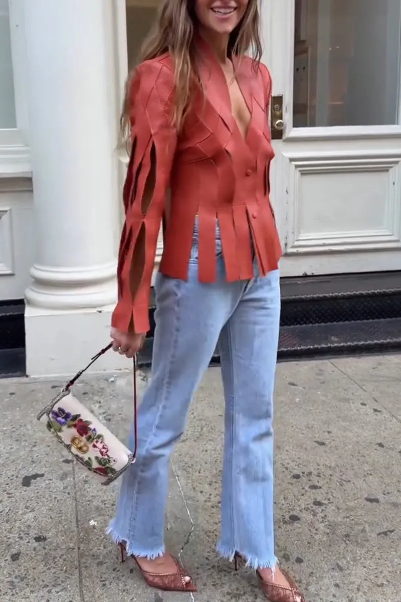 Women Cut Leather Short Jacket or Light Blue Fringed Straight Leg Jeans