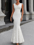 Cowl Neck Lace Panel Mermaid Hem Maxi Dress