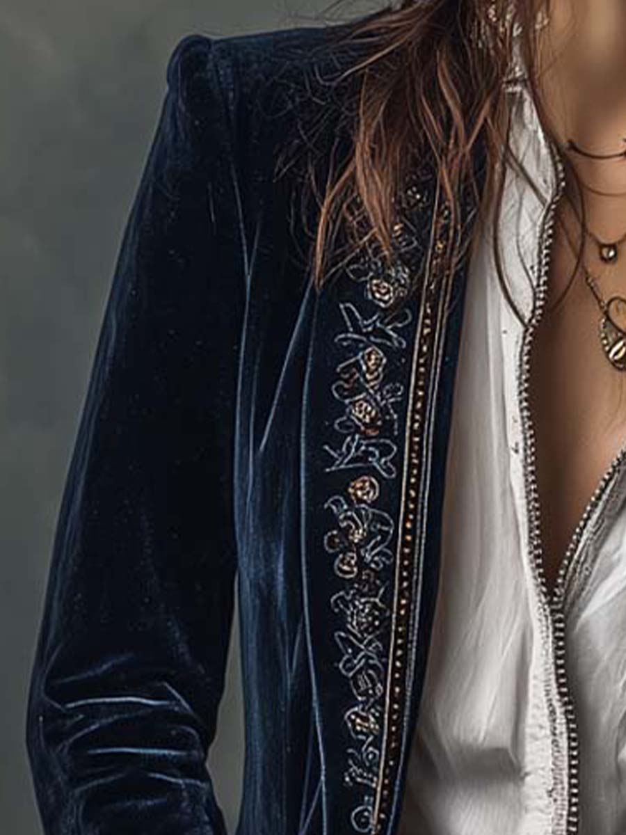 Vintage Navy Velvet Embroidered Long Jacket