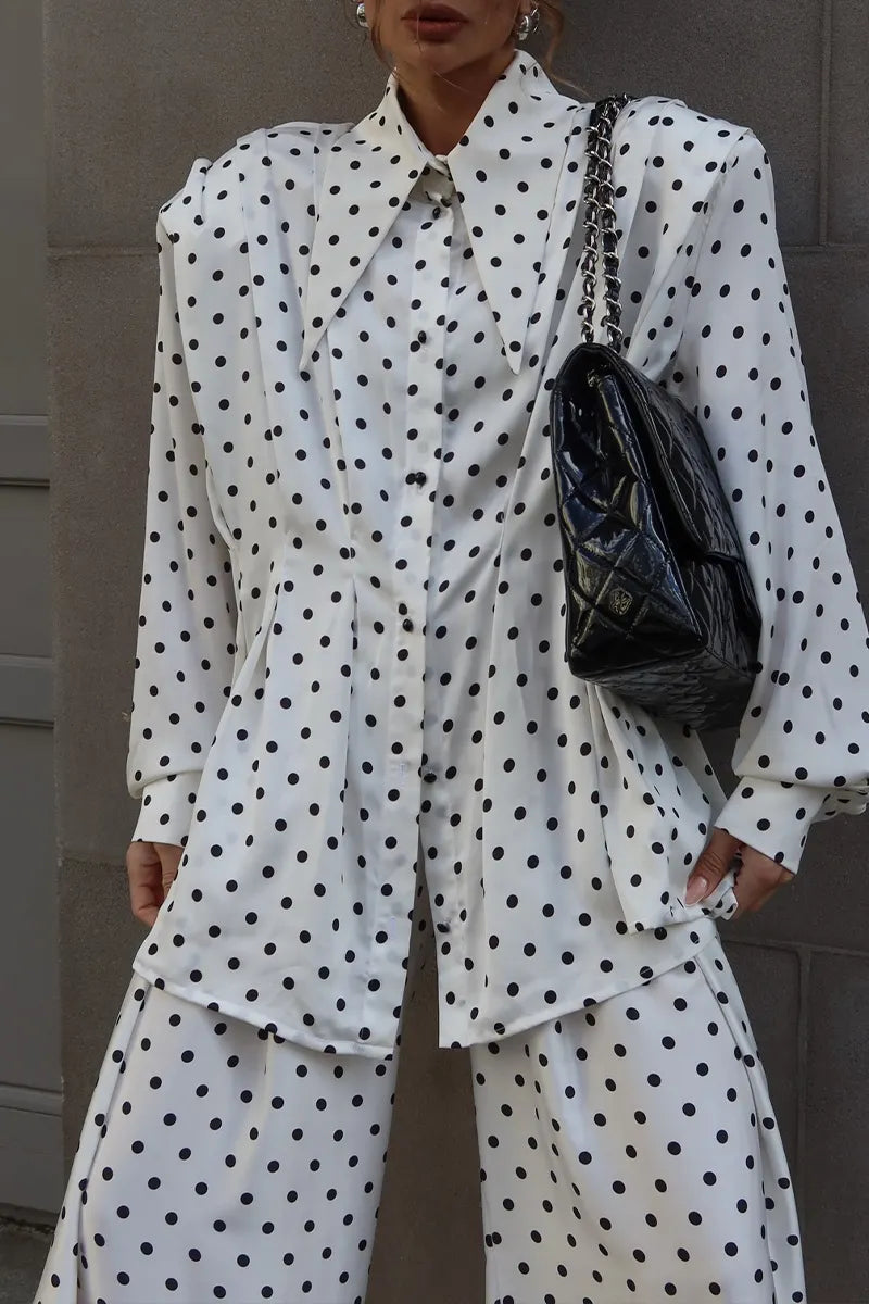 Women's Casual Loose Polka-Dot Shirts Pants Set