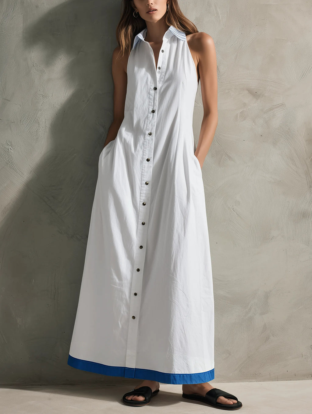 Women's Casual White Woven Sleeveless Collared Maxi Dress MDZ2619F4LXY