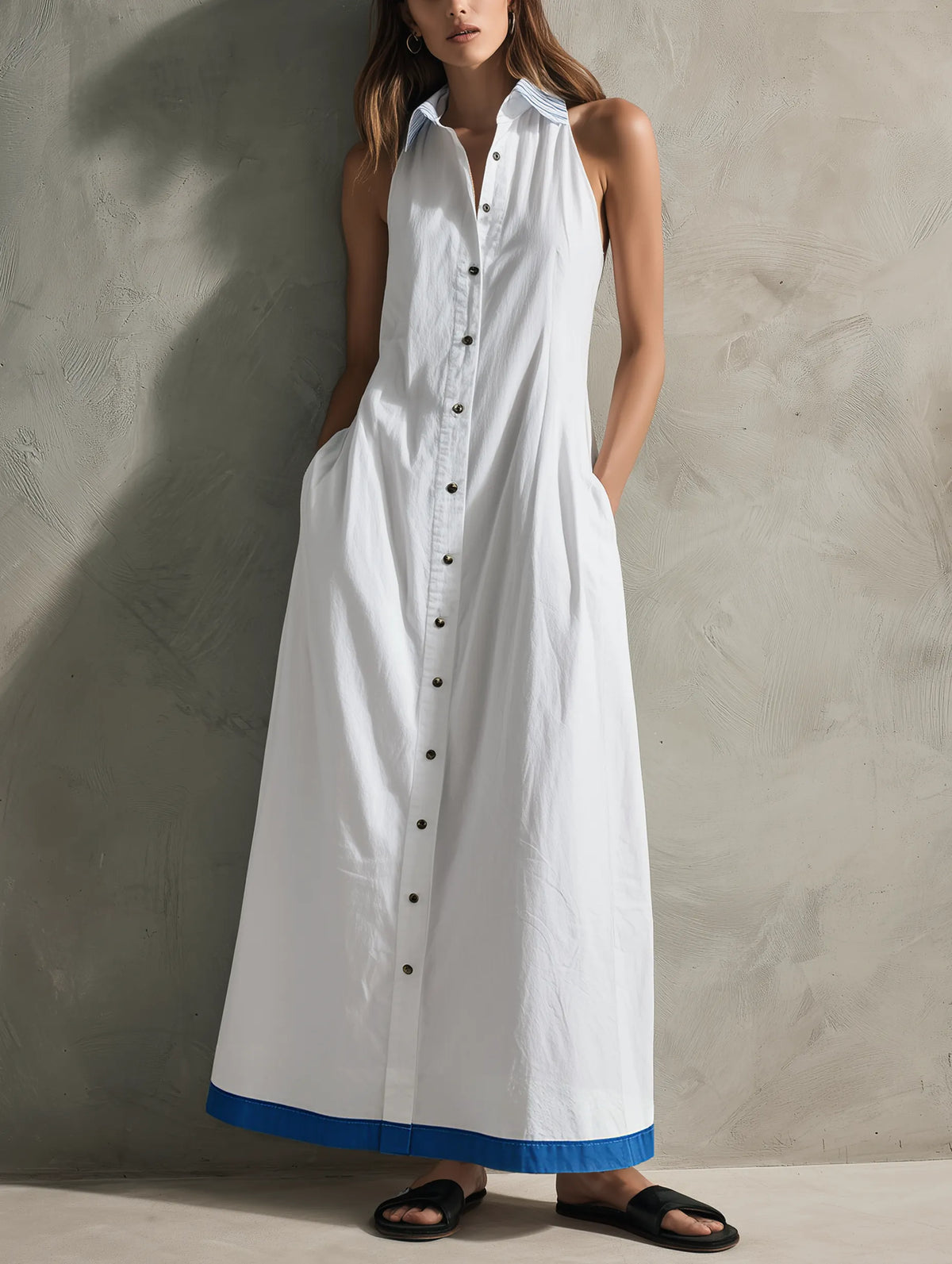 Women's Casual White Woven Sleeveless Collared Maxi Dress MDZ2619F4LXY