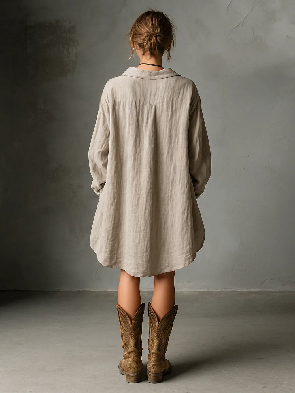 Women's Fashion Loose Cotton And Linen Button Lapel Mini Dress