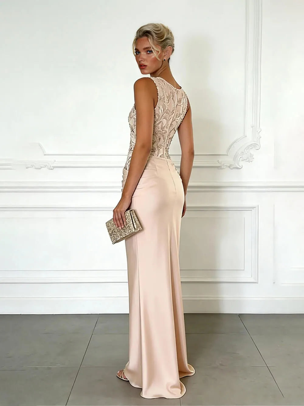 Elegant Yellow Embroidery Satin Crew Neck Sleeveless Sheath Maxi Dress