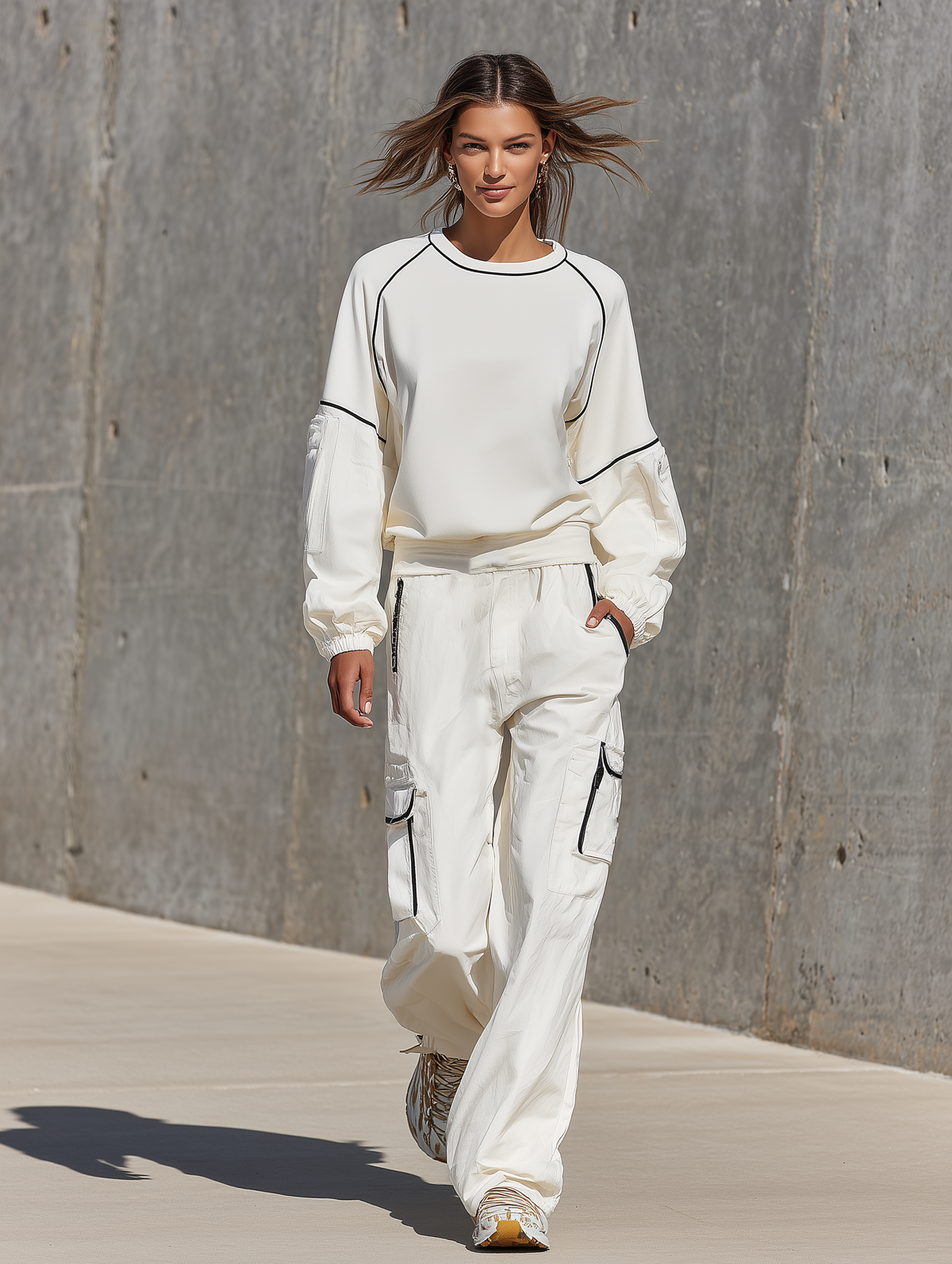 Women's Off White Contrast Black Piping Raglan Crew Neck Long Sleeve Sweatshirt Multi Cargo Pocket Wide Leg Pants Two Piece Set MDZ2788G3YZJ