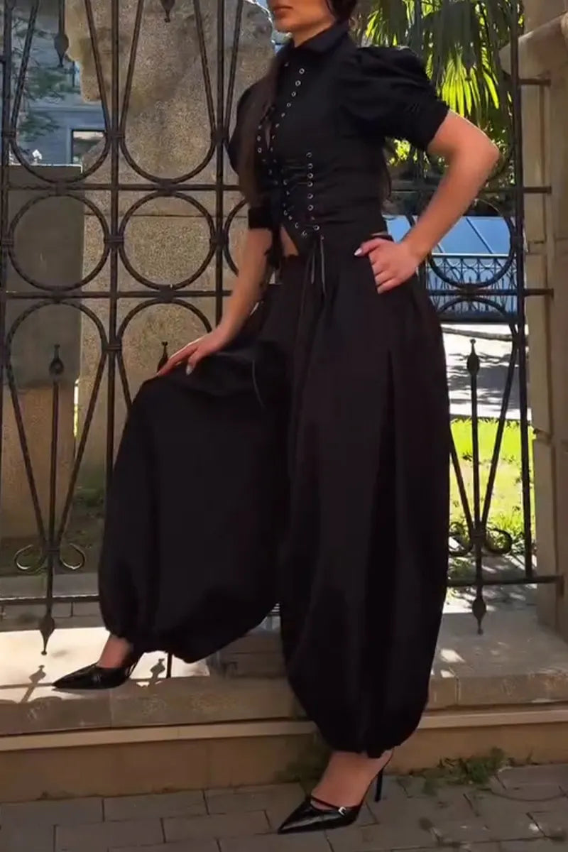 Women's Fashion Gigot Sleeve Tie Front Shirts or Wide Leg Pants