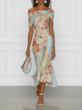 Blue Floral The Shoulder Sleeveless Mermaid Midi Dress