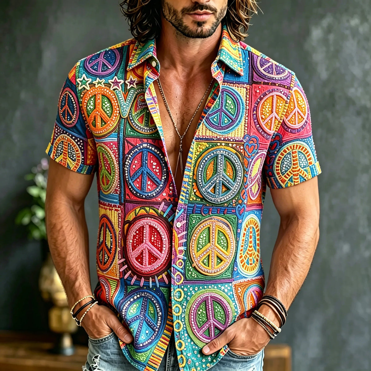 Men's Retro Bohemian Hippie Style Embroidered Sequin Print Short-sleeve Shirt