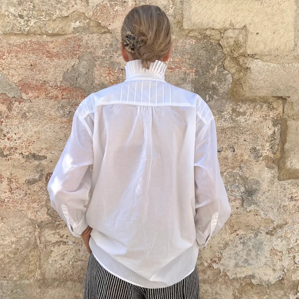 Victoria Smocked Blouse - Romantic French High-Neck Ruffle Jacquard Striped Shirt | Dadihouse
