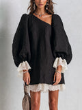 Black Asymmetric Mini Dress With Contrast Lace Trim