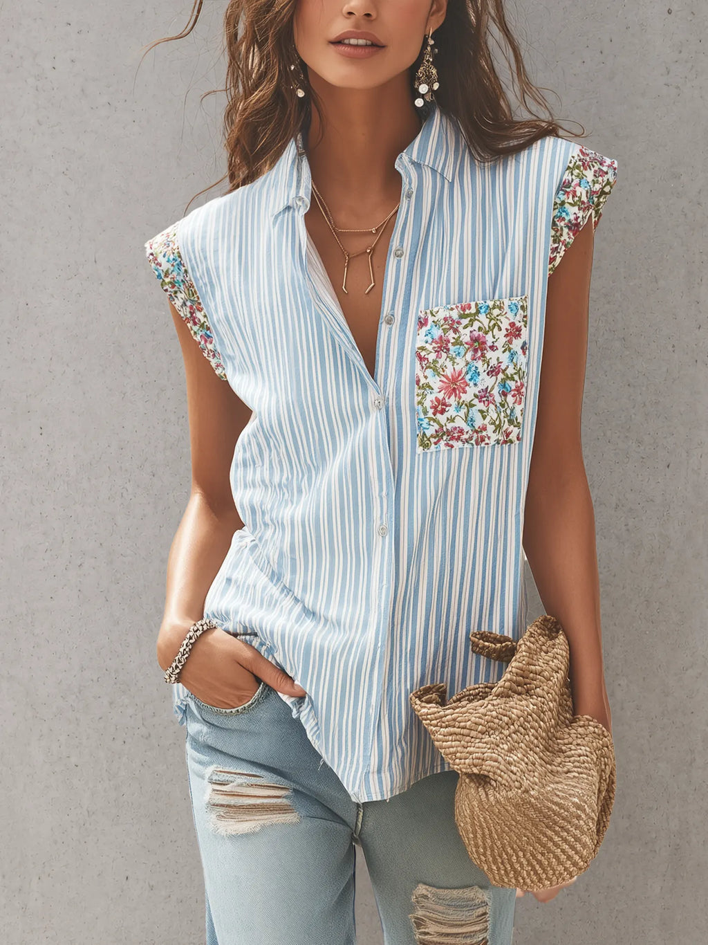 Blue Striped Sleeveless Blouse With Floral Embroidered Pocket And Shoulder Trim