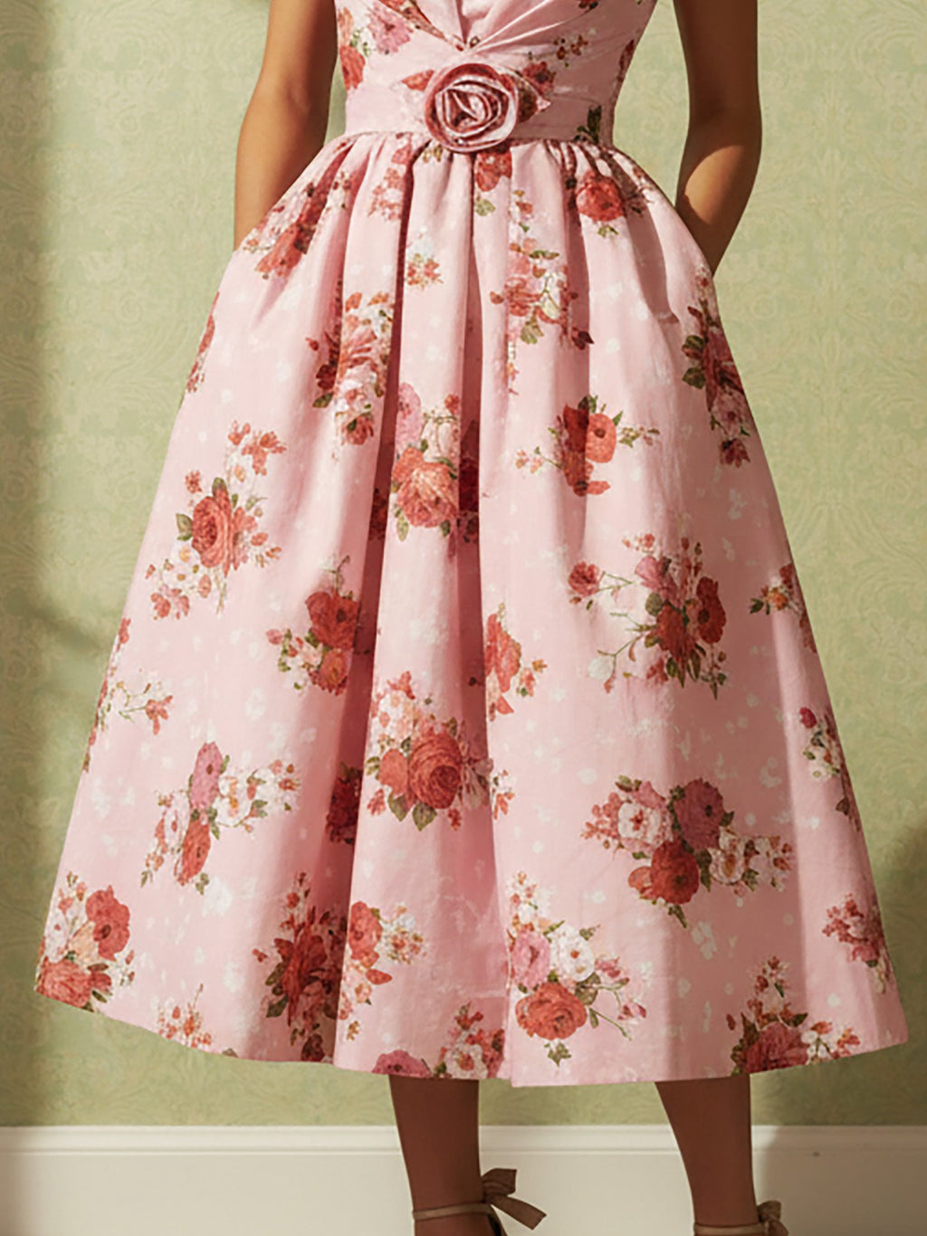 Midi Linen Dress, Sleeveless, Square Neck, Floral, 3D Floral, Vintage, Pink