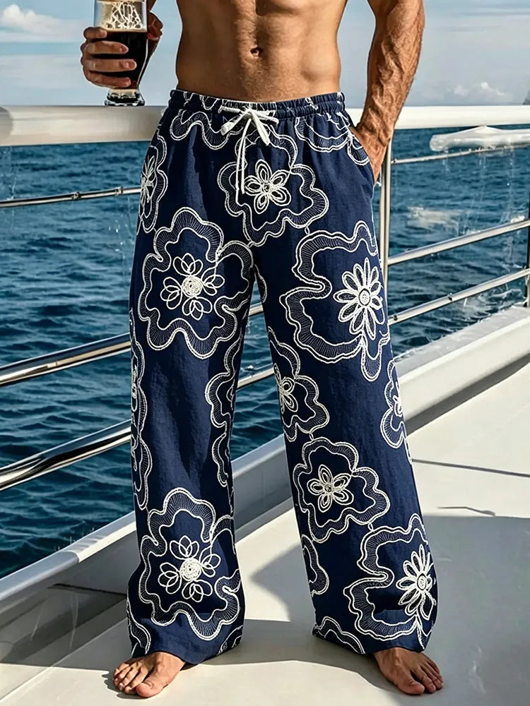Men's Simple Floral Embroidery Art Comfy Linen Pants