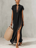 Black Cotton Linen Maxi Dress With Embroidered Trim And Side Slit