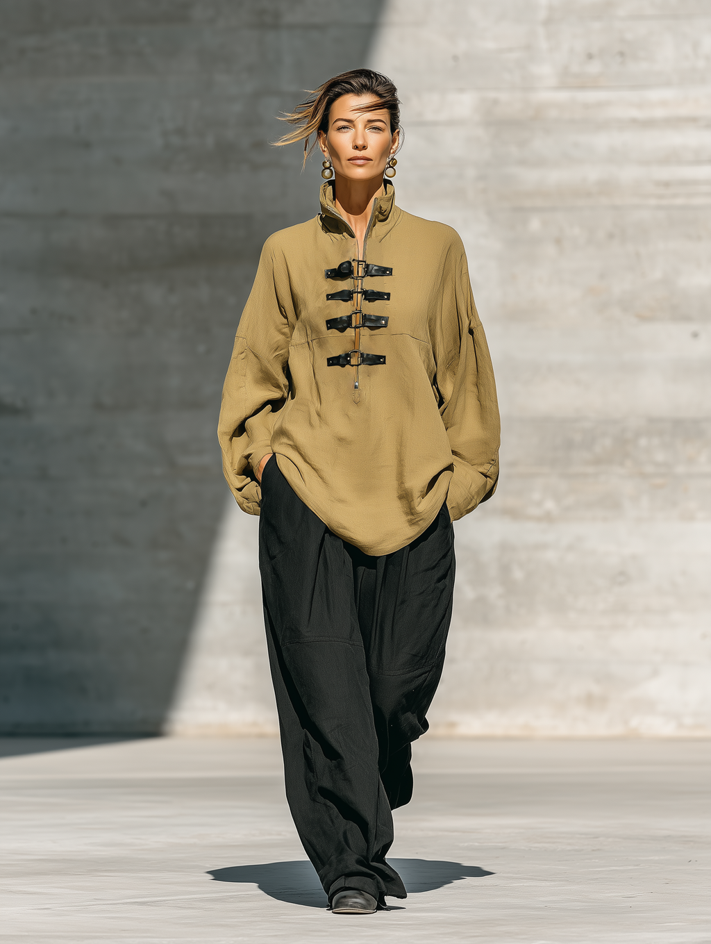 Women's Khaki Cotton-Linen Blend Stand Collar Half Zip Leather Buckle Strap Long Sleeve Loose Top Black Relaxed Wide Leg Pocket Pants Two Piece Set MDZ2775G5YZJ