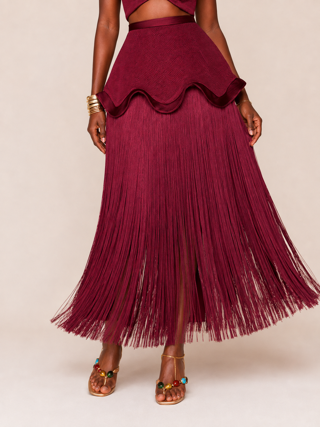 Burgundy Ruffle Halter Crop Top & Fringe Maxi Skirt Two-Piece Set