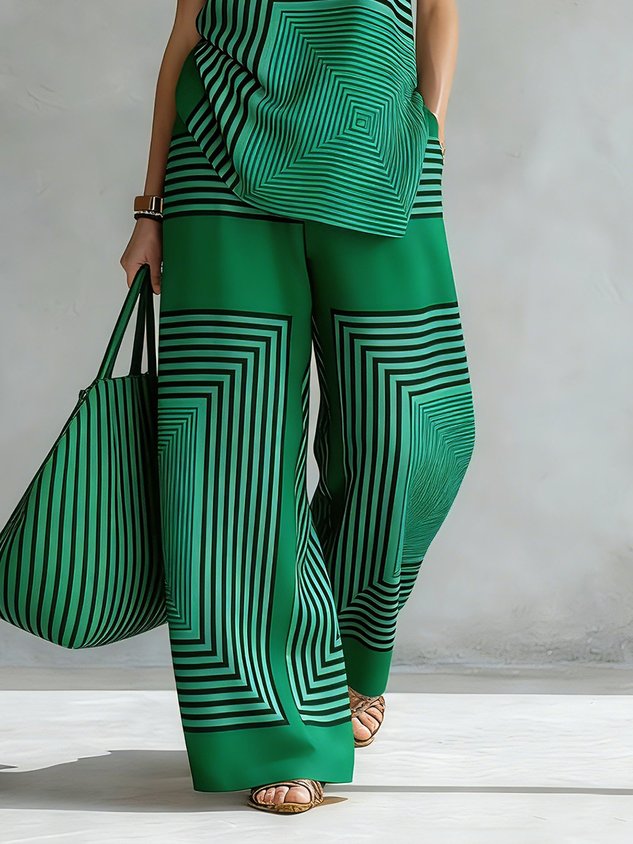 Urban Geometric Stripe Wide Leg Pants High Waist Flowy Office Trousers