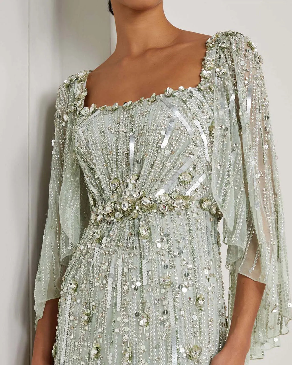 Cape-Effect Embellished Evening Gown