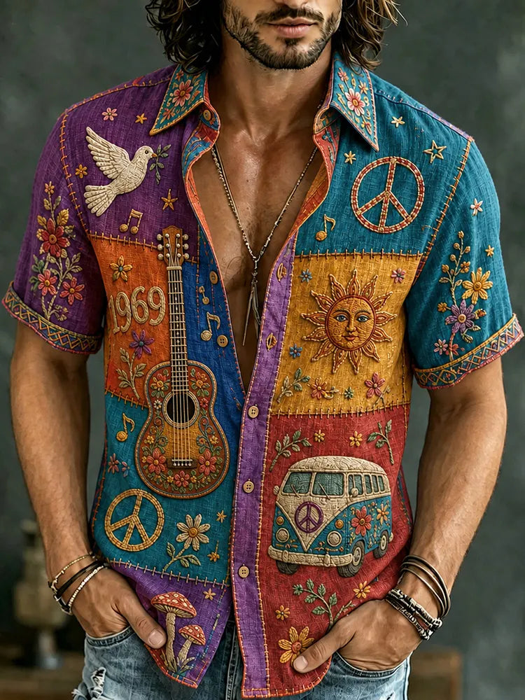 Men's Retro Hippie Peace Sign And Guitar Patchwork Print Short-sleeve Shirt