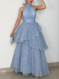 Elegant Backless Tie-Up Layered Tulle Maxi Dress
