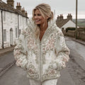 Women's Vintage Flower Embroidery Art Casual Zip Up Hoodie