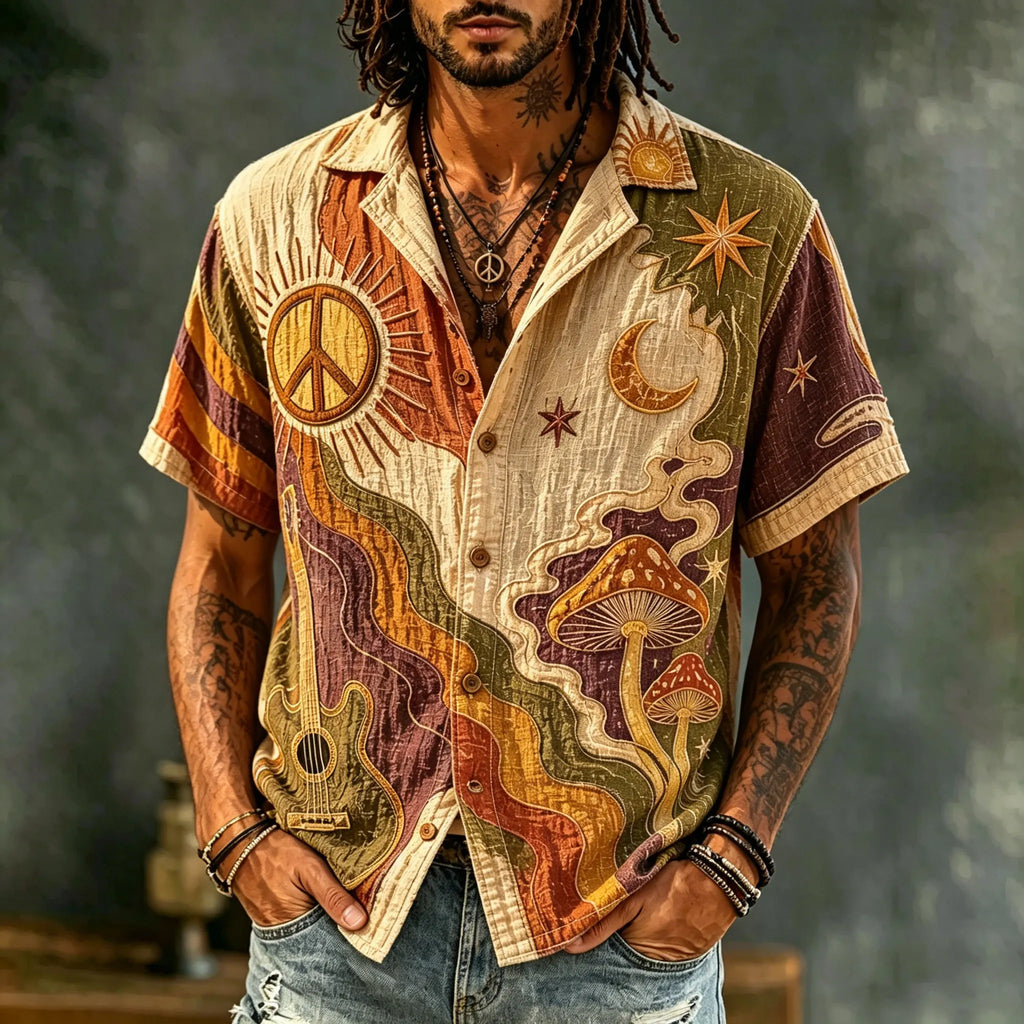 Men's Colorblock Mushroom Guitar Peace Sign Print Short Sleeve Shirt