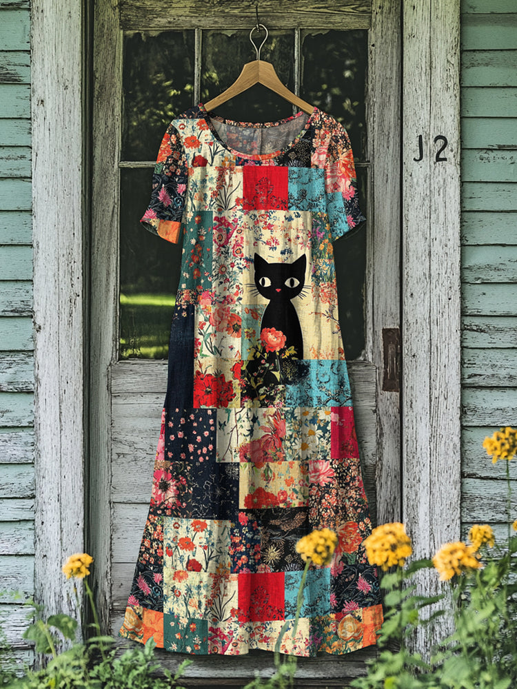 Vintage Cat Floral Patchwork Art Linen Maxi Dress