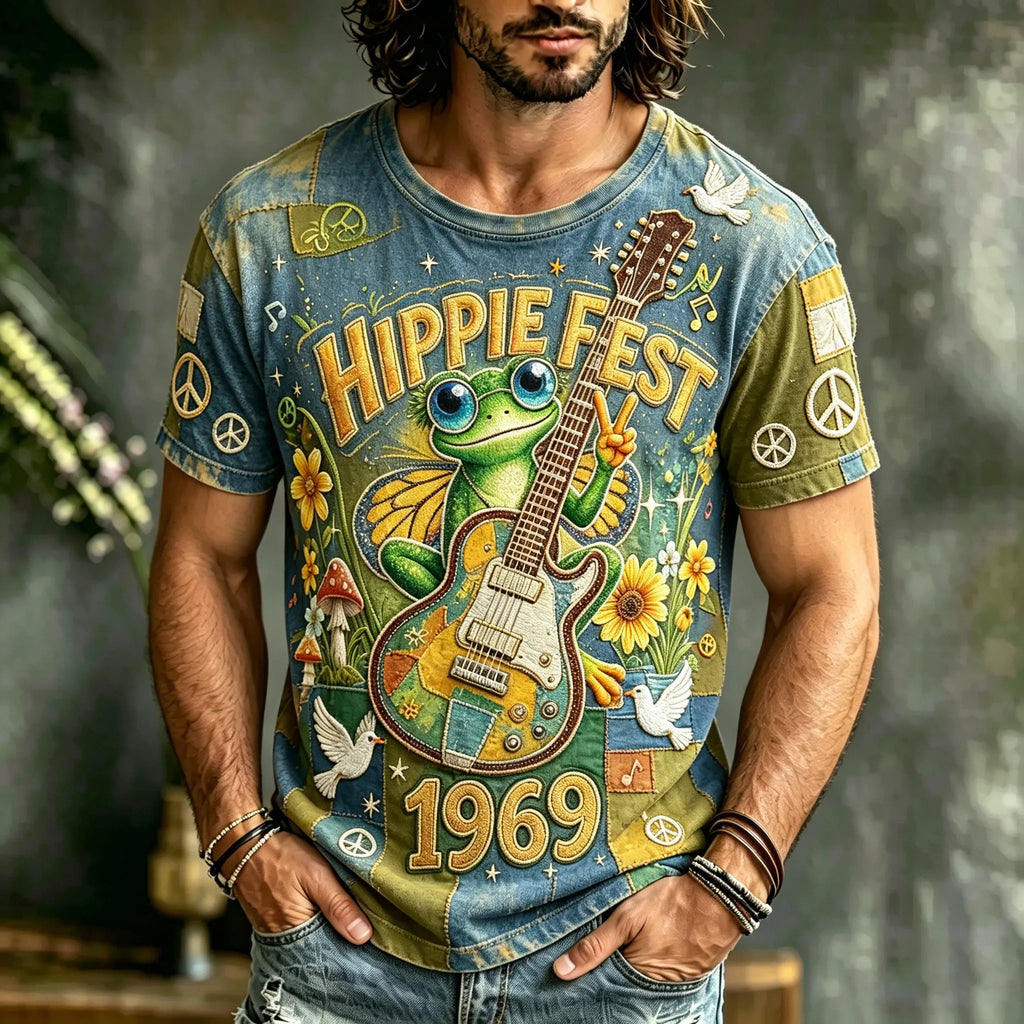 Men's Retro Hippie Peace Symbol Frog Guitar Patchwork Print T-shirt