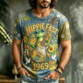 Men's Retro Hippie Peace Symbol Frog Guitar Patchwork Print T-shirt