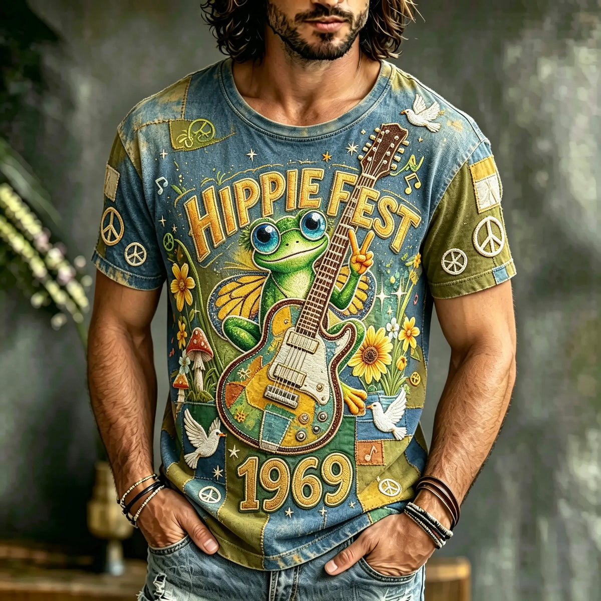 Men's Retro Hippie Peace Symbol Frog Guitar Patchwork Print T-shirt