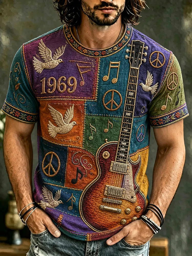 Men's Hippie Music Guitar Pattern Patchwork Print T-shirt