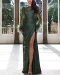 Women's Green Long Sleeve Mesh Embroidery Dress - 01