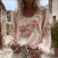 Women's Soft Rose Vintage Pink Round Neck Cotton And Linen Top