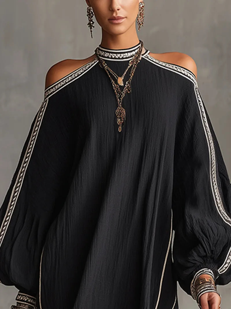 24-Hour-Shipping Black Boho Cold Shoulder Lantern Sleeve Linen Mini Dress