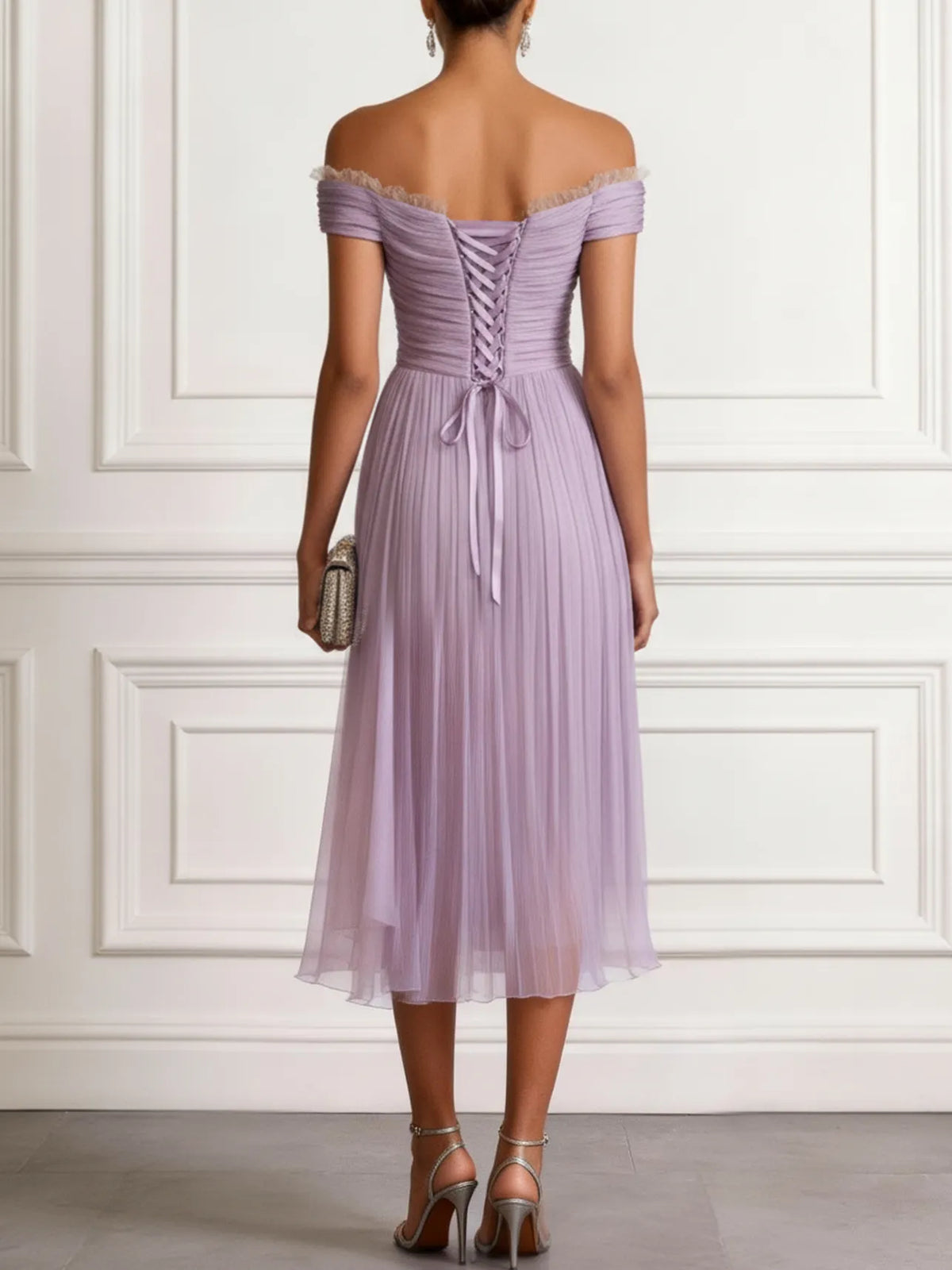 Lavender Ruched Lace Chiffon Off The Shoulder Short Sleeve A-Line Midi Dress