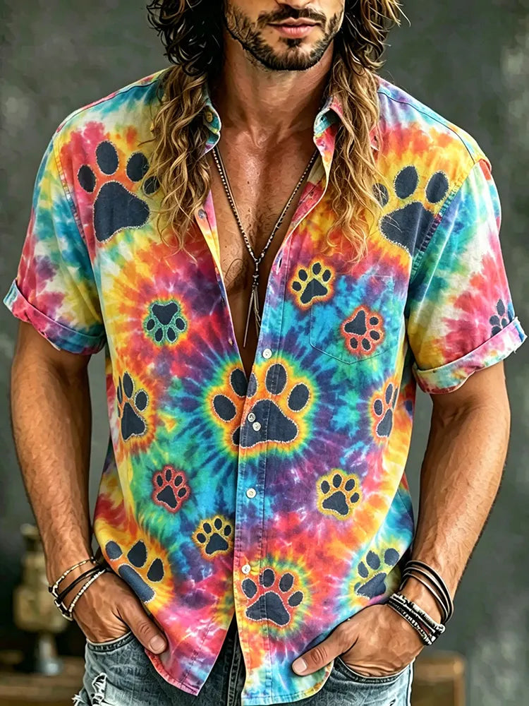 Men's Tie-dye Claw Indian Faux Casual Cotton And Linen Shirt