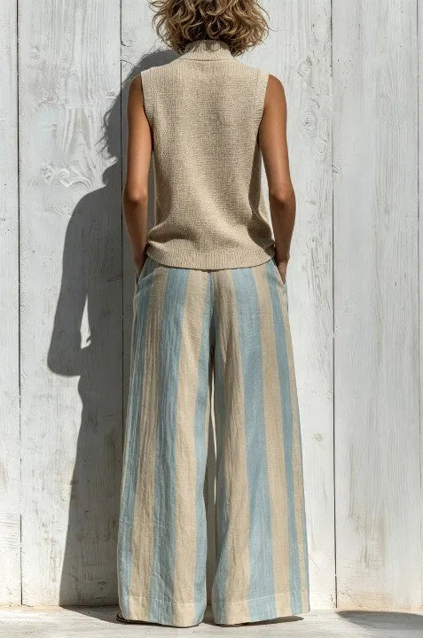 Casual sleeveless top and loose striped trousers set