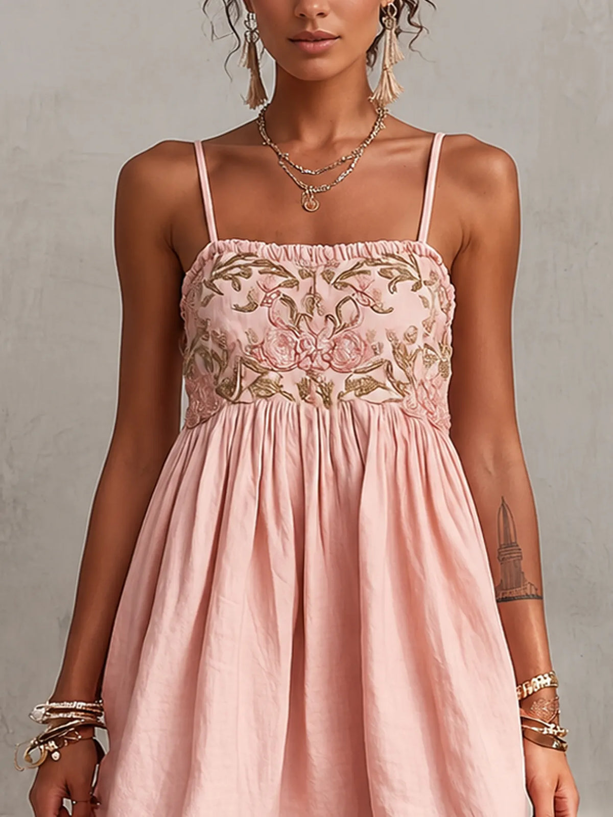 Pink Vintage Embroidered Linen Cotton Mini Cami Dress