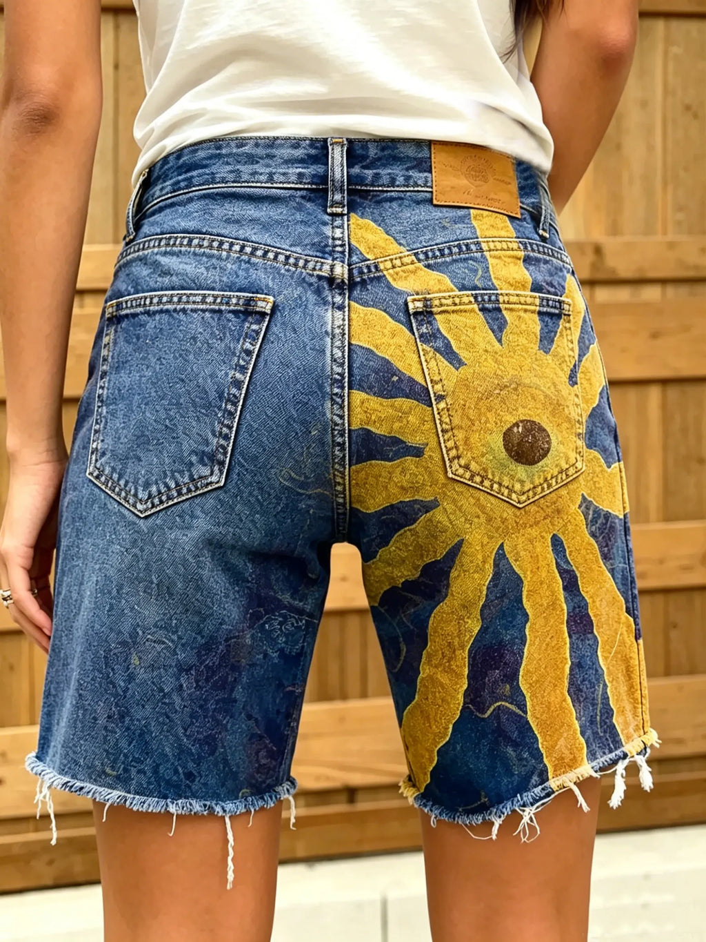 Women's Boho Sun Totem Art Print Washed Denim Shorts