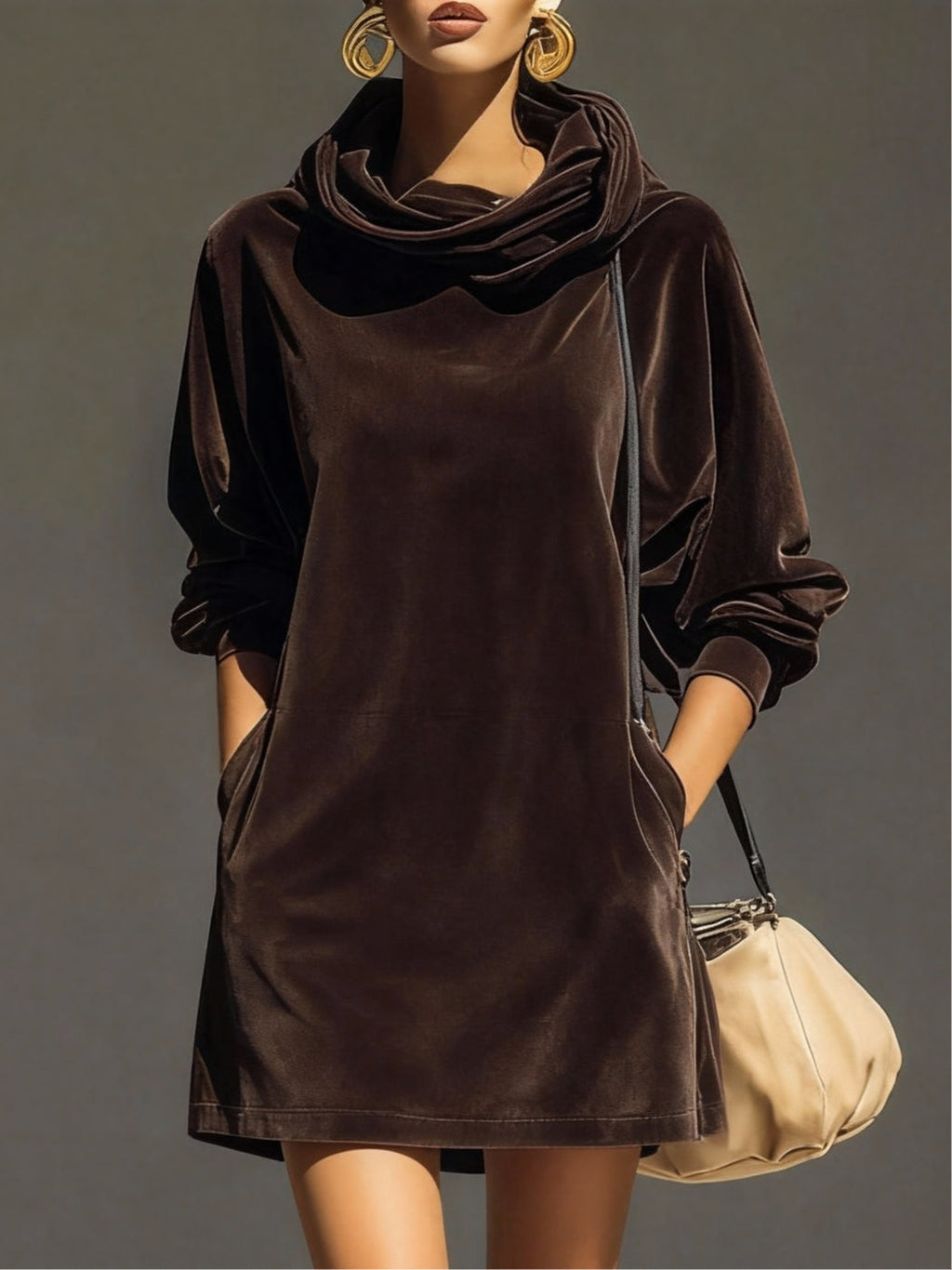 Vintage brown velvet hoodie, loose mini dress