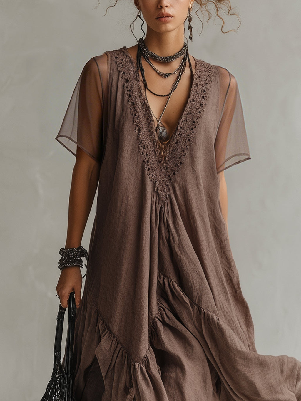 Taupe Linen Short Sleeve Maxi Dress