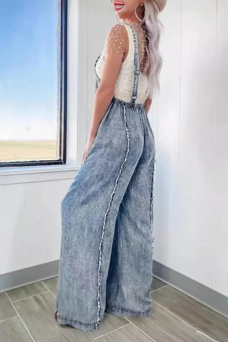 Denim Overalls for Women Casual Adjustable Straps Wide Leg Raw Hem Jeans Bib Overalls Jumpsuits