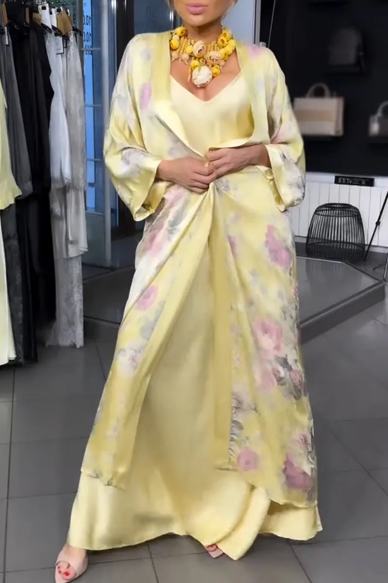 Women Camisole Dress+ Printed Cardigan Elegant Casual Suit